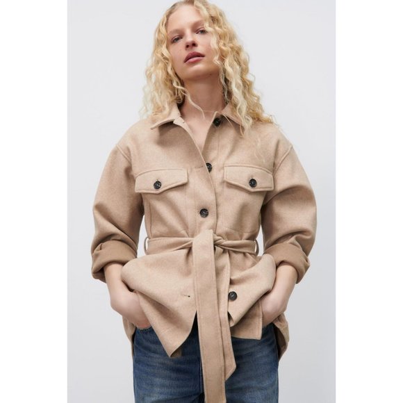 Zara Beige Tan Brown Soft Belted Light Jacket Coat Overshirt sz M - Picture 1 of 12